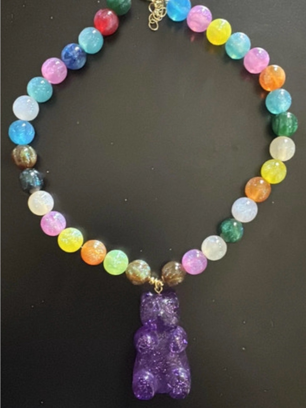 Multicolor Beaded Necklace with Purple Gummy Bear Pendant - Women Jewelry